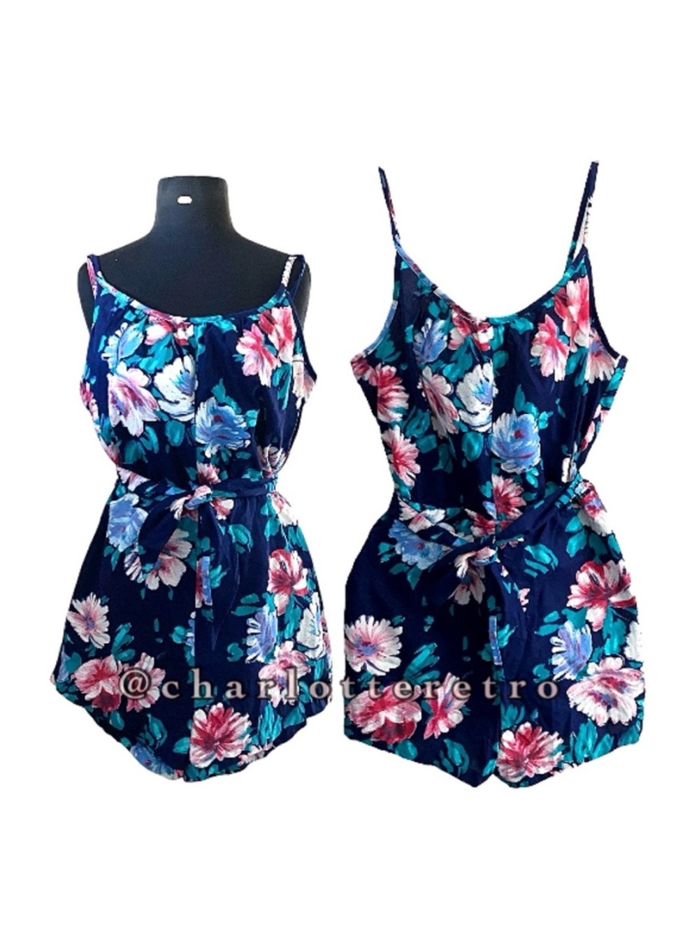 80s vtg Catalina Floral Romper w Shelf Bra